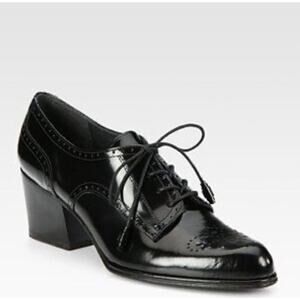 EUC Stuart Weitzman Thomas Black Patent Leather Oxford Heels 8 M Lace Up Brogue